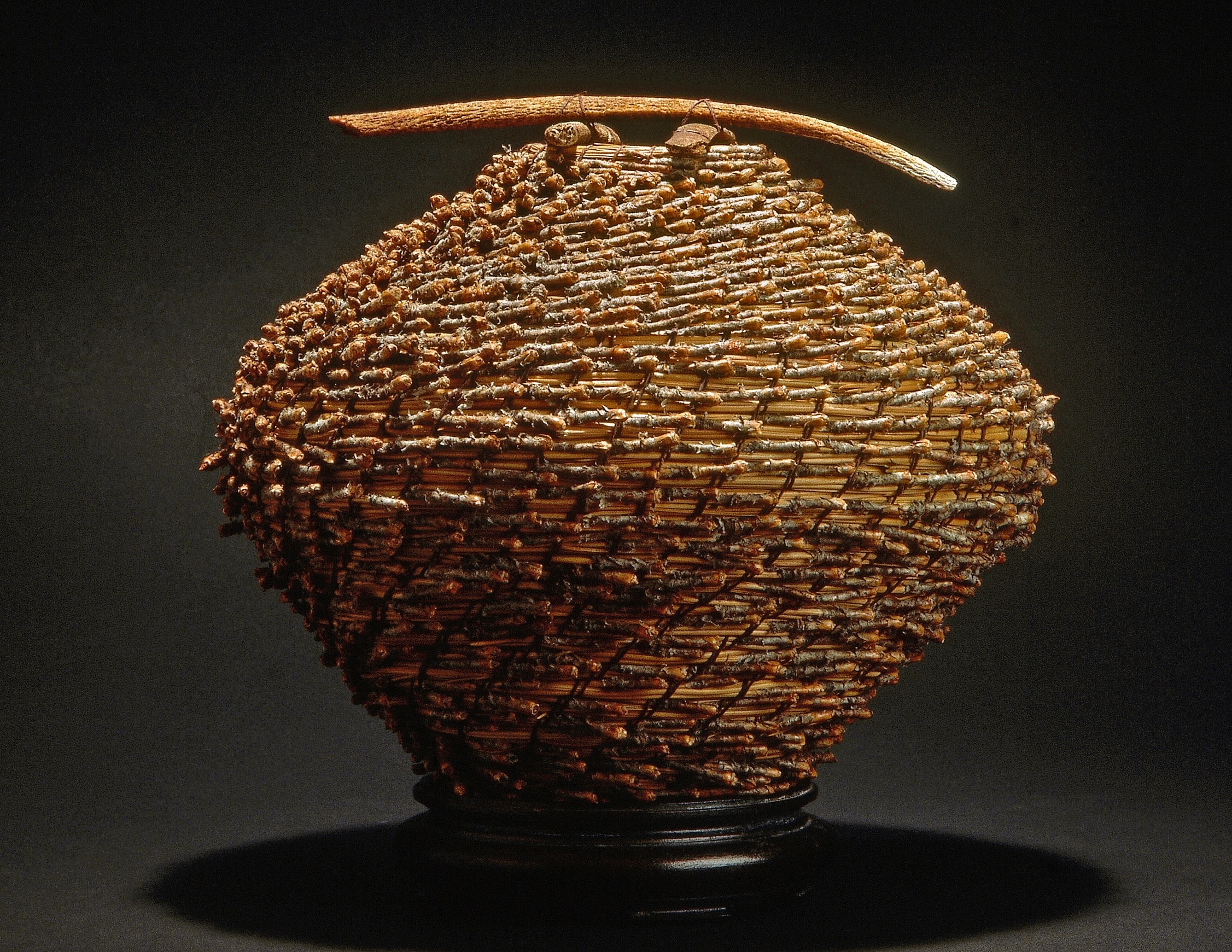 Apache Olla — woven basket sculpture with antler handle